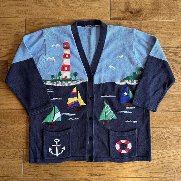 Vintage L Cardigan Sweater Lighthouse Sailing Sailboat Coastal Maritime Seaside - Picture 1 of 8